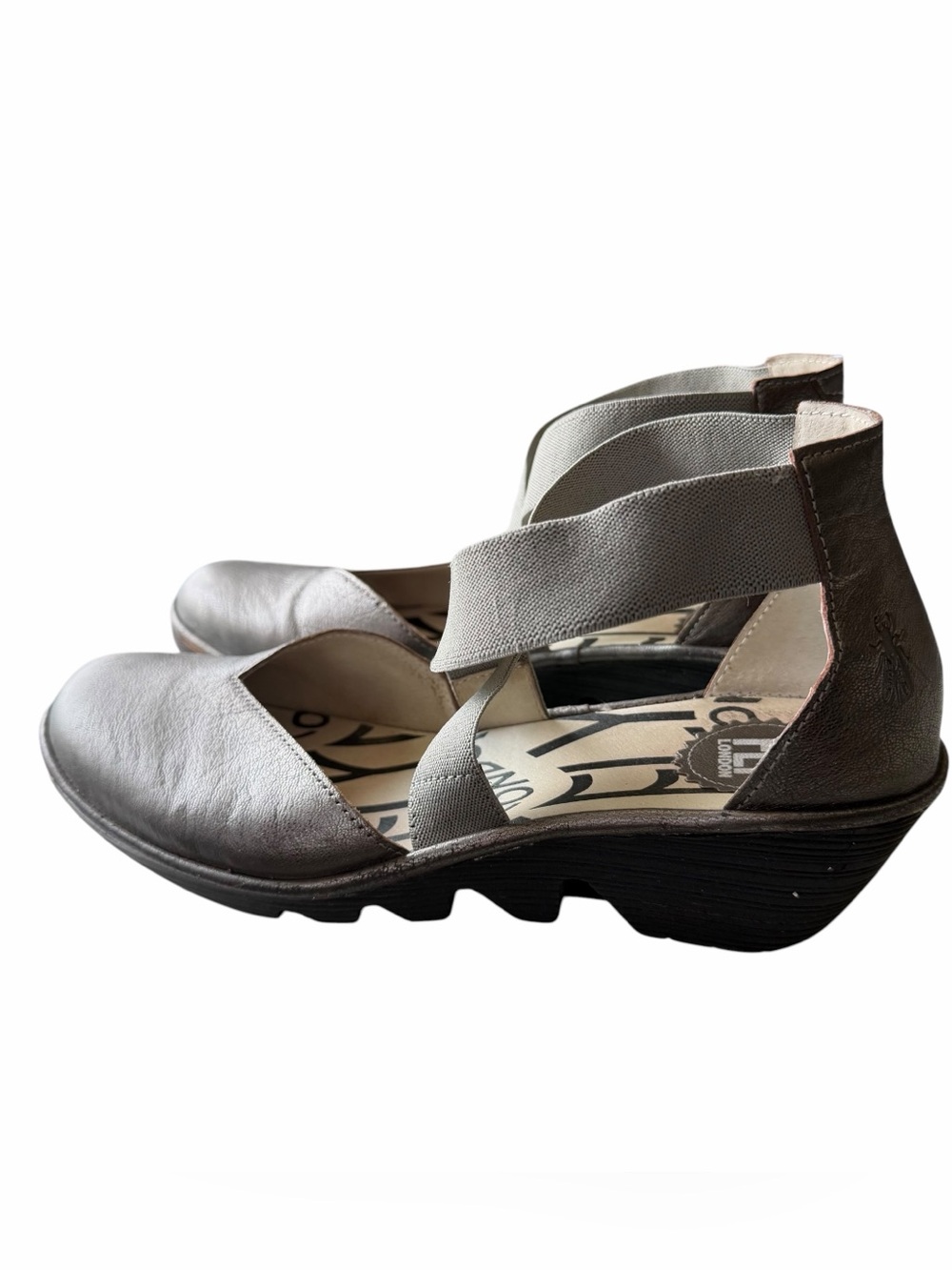Fly London 39 Silver Mary Jane Wedge leather Sandal Shoes US 8/8.5 S4